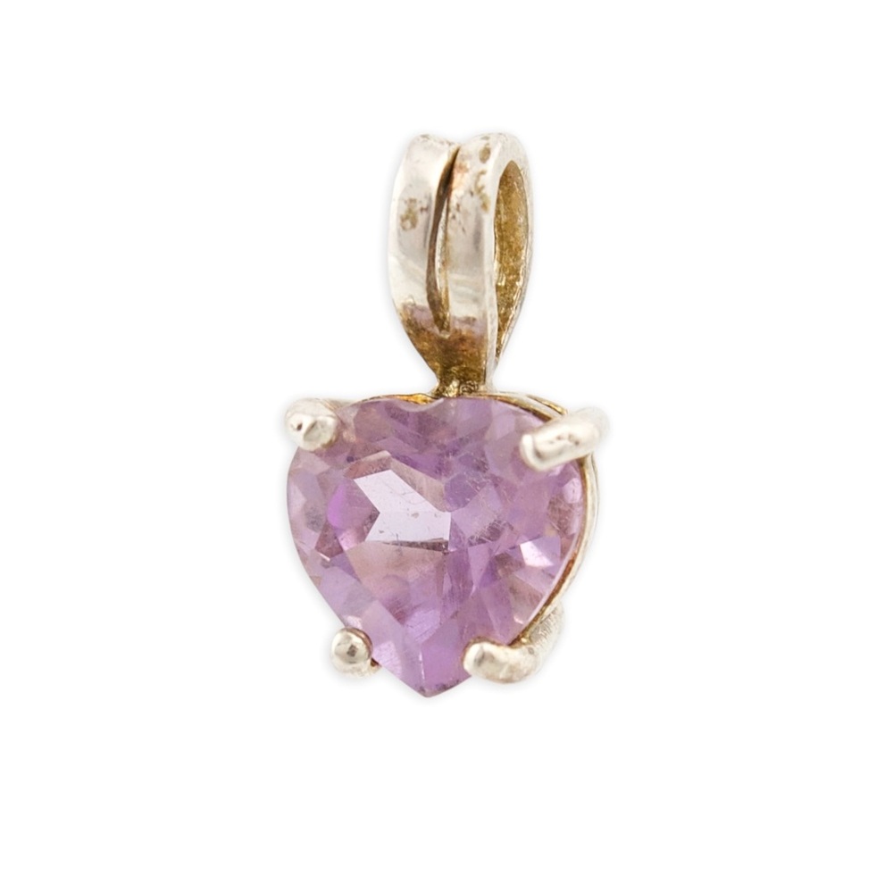 Vintage Genuine Amethyst Heart Sterling Silver Necklace Pendant / Charm